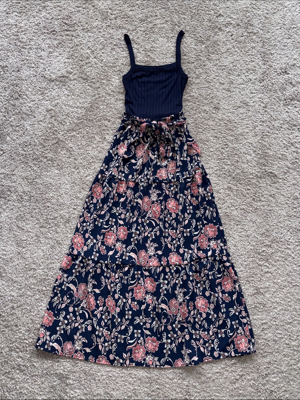 Navy Ribbed Tank Top with Floral Maxi Skirt dress.